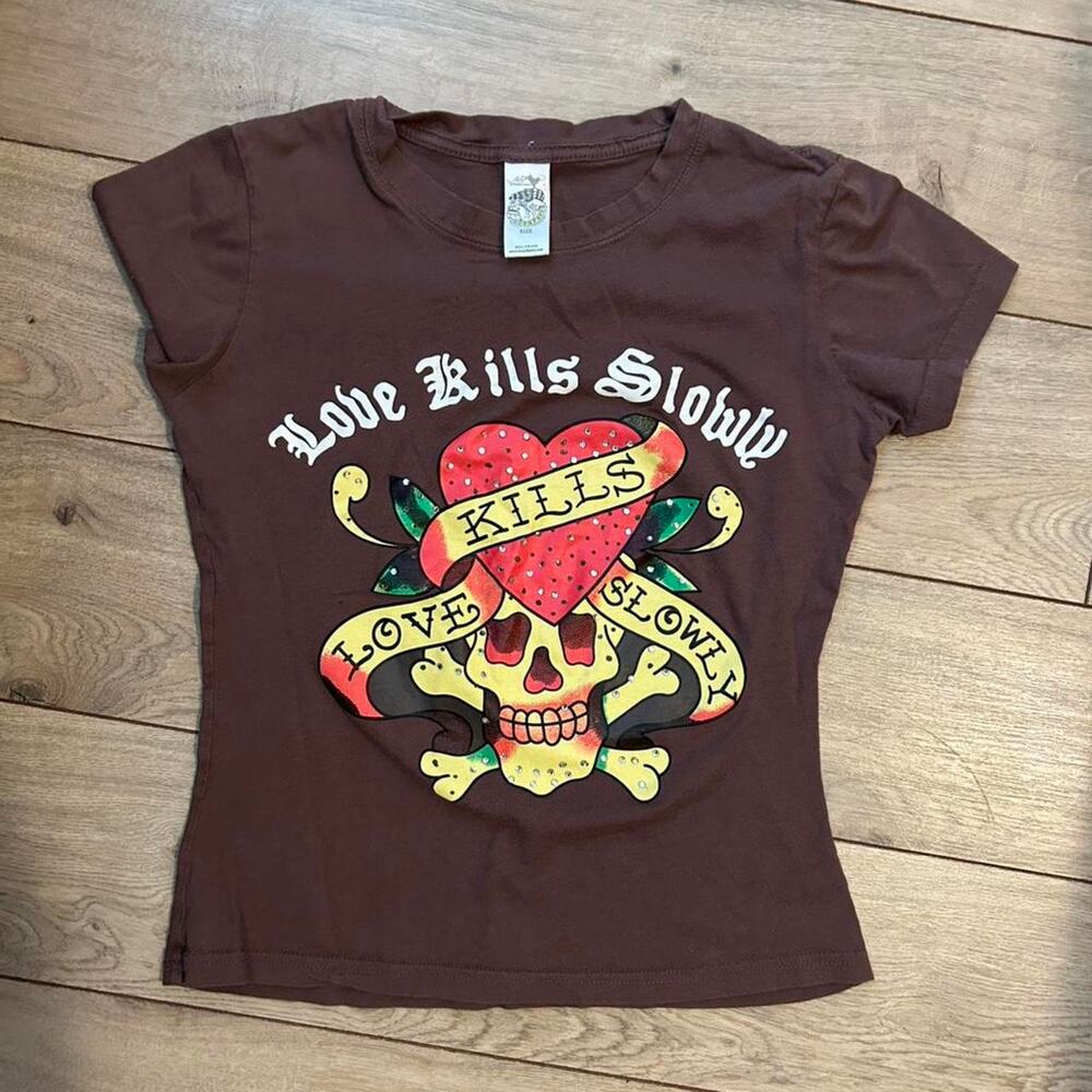 True y2k brown love kills Ed Hardy baby tee